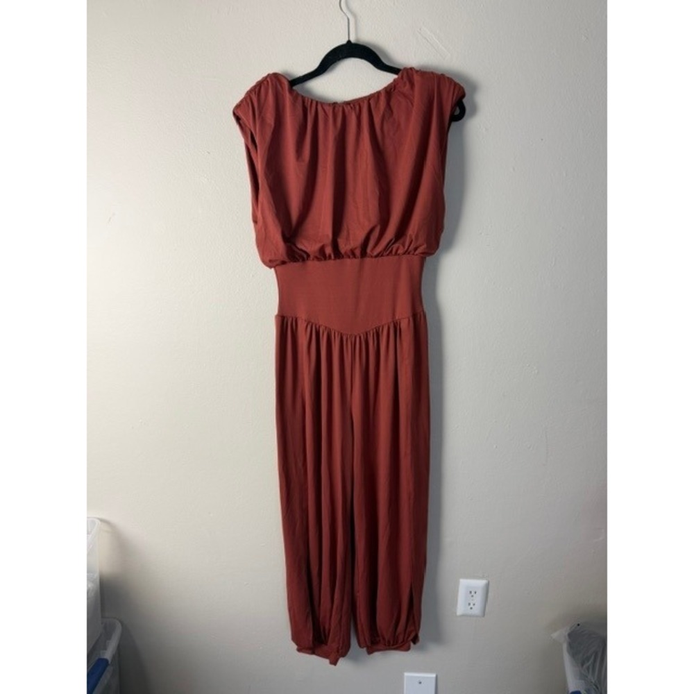 ChicMe Rust Terracotta Draped Harem Jumpsuit Deep V Back Sleeveless Small